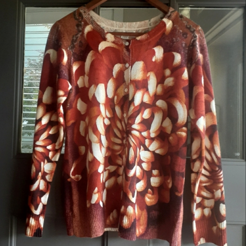 Christopher & Banks Orange White Floral Button Up Cardigan Sweater Size S